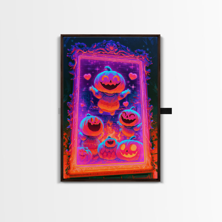 The Pumpkin Family Portrait, Synthwave Halloween Art, Vertical Wall Art, Framed Canvas Print, Retro Halloween Decor, Neon Wall Art