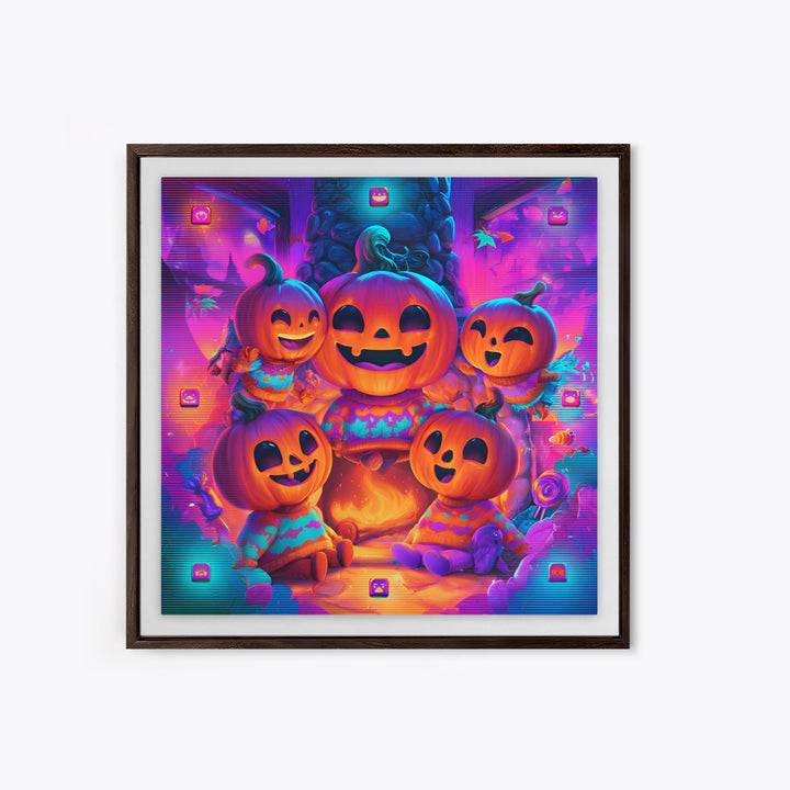 The Pumpkin Family Portrait, 80s Halloween Wall Art, Square Wall Art, Framed Canvas Print, Retro Halloween Decor, Neon Wall Art