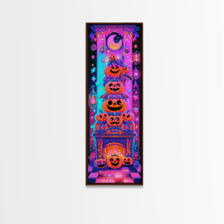 The Pumpkin Family Portrait, Retro Neon Halloween Art, Tall Narrow Wall Art, Canvas Print, Retro Halloween Decor, Neon Wall Art