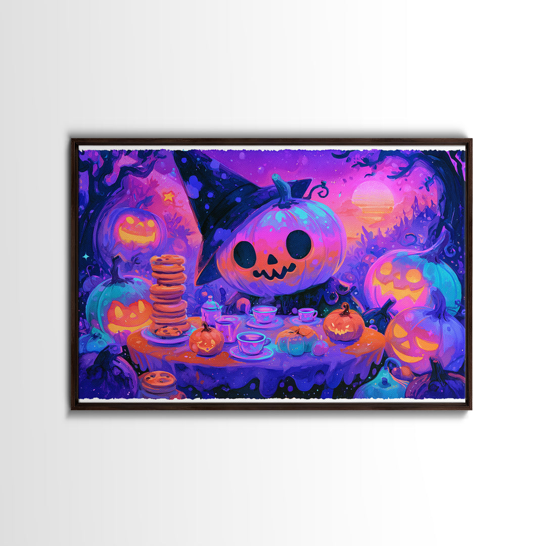 The Pumpkin Tea Party, Retro Neon Halloween Art, Landscape Wall Art, Framed Canvas Print, Retro Halloween Decor, Neon Wall Art