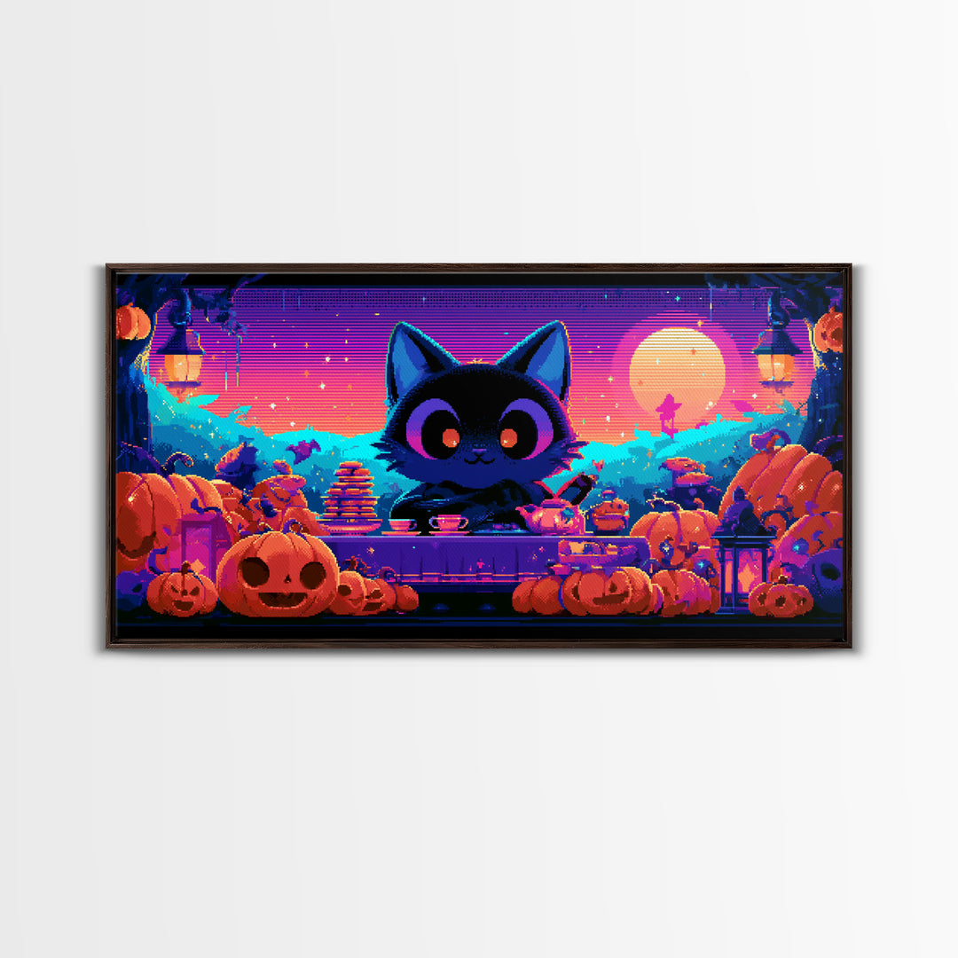 The Pumpkin Tea Party, 80s Halloween Wall Art, Wide Panoramic Art, Canvas Print, Retro Halloween Decor, Neon Wall Art