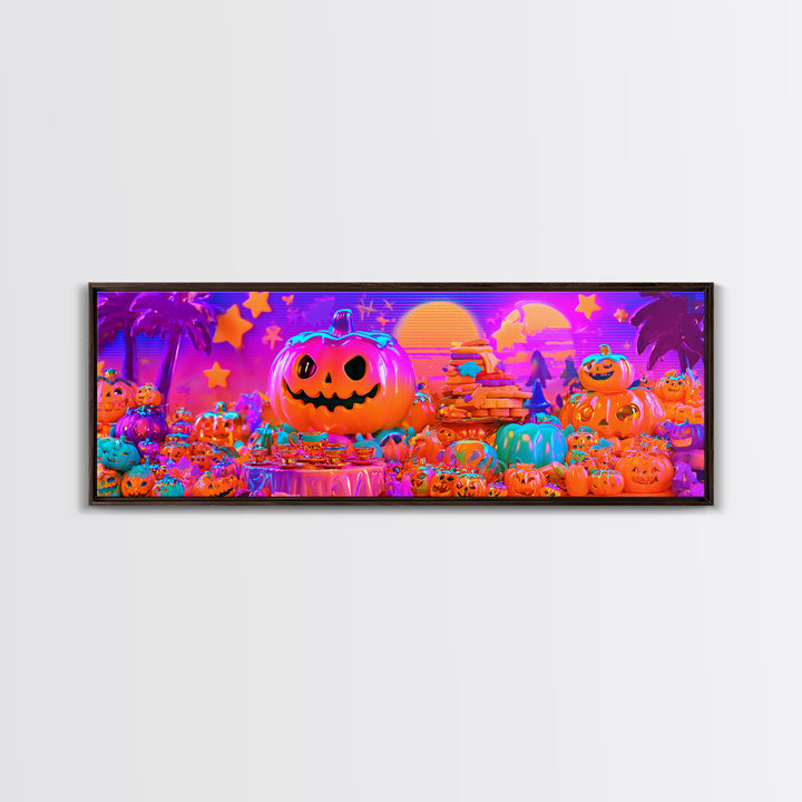 The Pumpkin Tea Party, Cute Spooky Neon Art, Extra Wide Wall Art, Framed Canvas Print, Retro Halloween Decor, Neon Wall Art
