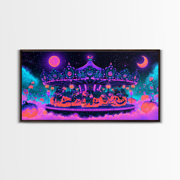 The Pumpkin Carousel, Synthwave Halloween Art, Wide Panoramic Art, Canvas Print, Retro Halloween Decor, Neon Wall Art, Statement Wall Art