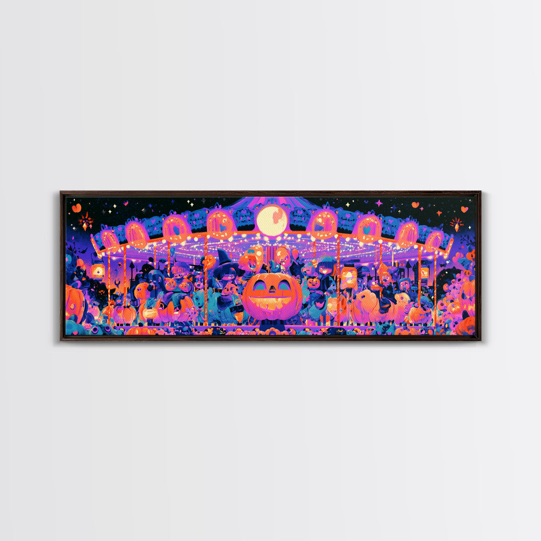 The Pumpkin Carousel, Synthwave Halloween Art, Extra Wide Wall Art, Framed Canvas Print, Retro Halloween Decor, Neon Wall Art