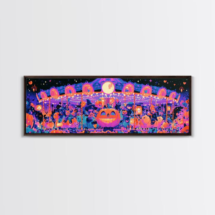 The Pumpkin Carousel, Synthwave Halloween Art, Extra Wide Wall Art, Framed Canvas Print, Retro Halloween Decor, Neon Wall Art