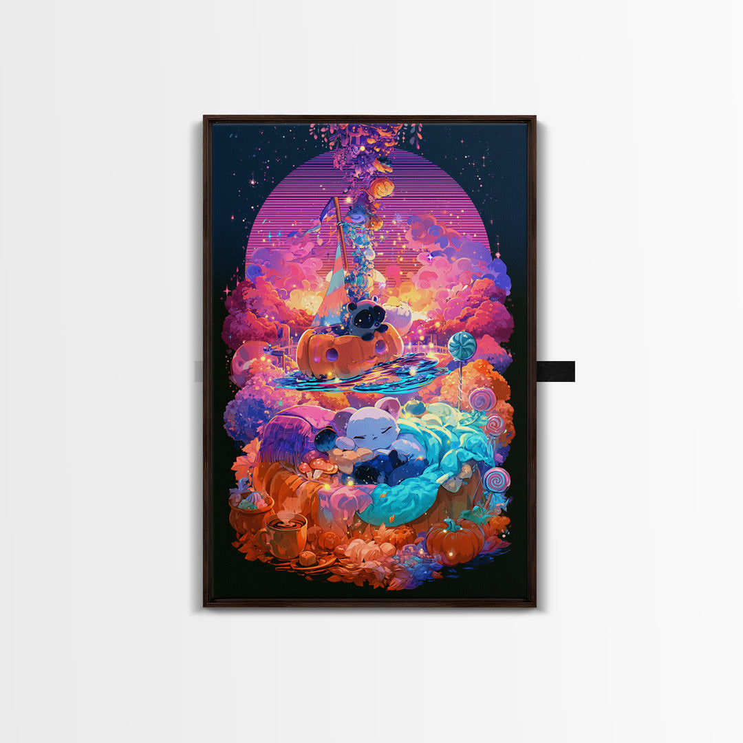 The Pumpkin Sailboat, Vaporwave Halloween Decor, Vertical Wall Art, Framed Canvas Print, Retro Halloween Decor, Neon Wall Art