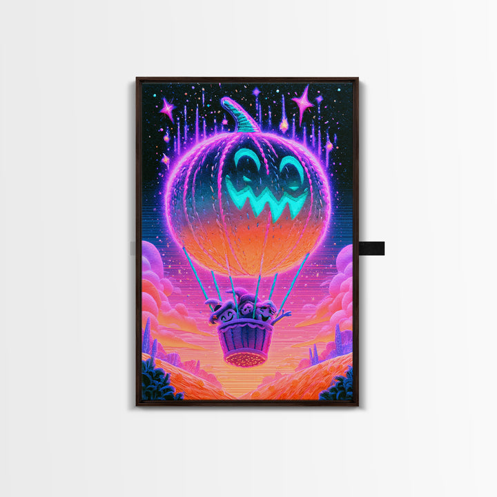 The Pumpkin Hot-Air Balloon, Cute Spooky Neon Art, Vertical Wall Art, Framed Canvas Print, Retro Halloween Decor, Neon Wall Art