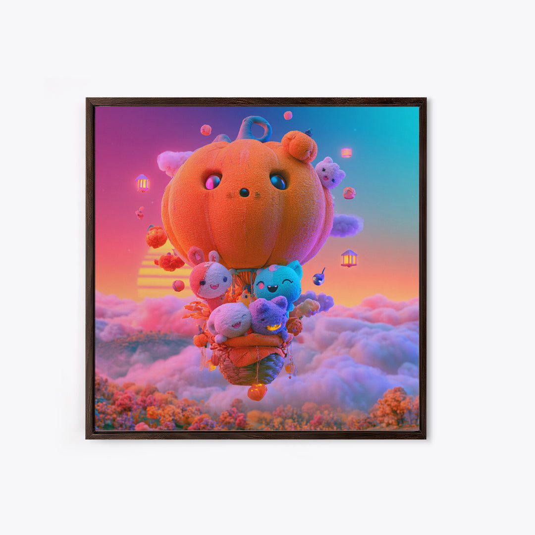 The Pumpkin Hot-Air Balloon, Cute Spooky Neon Art, Square Wall Art, Canvas Print, Retro Halloween Decor, Neon Wall Art, Dark Fantasy Art