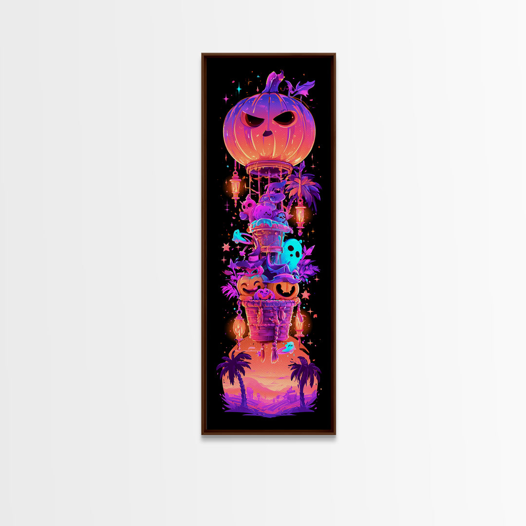 The Pumpkin Hot-Air Balloon, Synthwave Halloween Art, Tall Narrow Wall Art, Framed Canvas Print, Retro Halloween Decor, Neon Wall Art