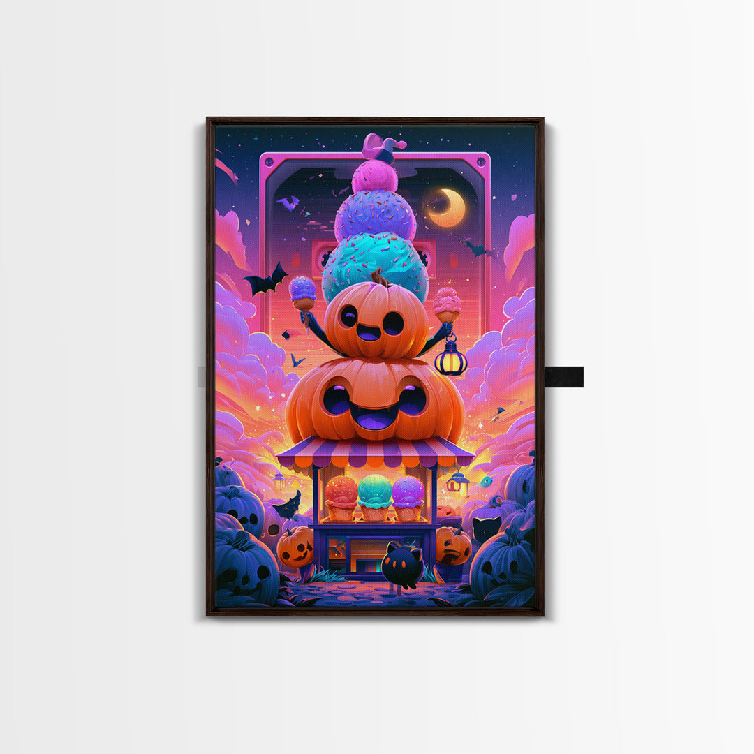 The Pumpkin Ice-Cream Stand, Synthwave Halloween Art, Vertical Wall Art, Canvas Print, Retro Halloween Decor, Neon Wall Art