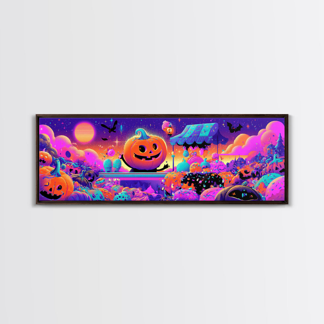 The Pumpkin Ice-Cream Stand, Retro Neon Halloween Art, Extra Wide Wall Art, Canvas Print, Retro Halloween Decor, Neon Wall Art