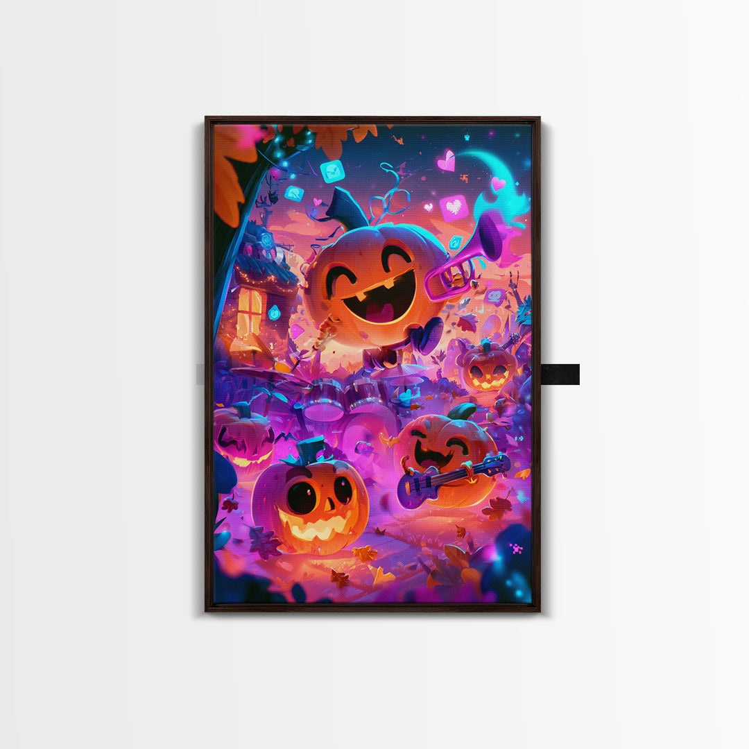 The Pumpkin Music Band, Cute Spooky Neon Art, Vertical Wall Art, Canvas Print, Retro Halloween Decor, Neon Wall Art, Halloween Wall Art