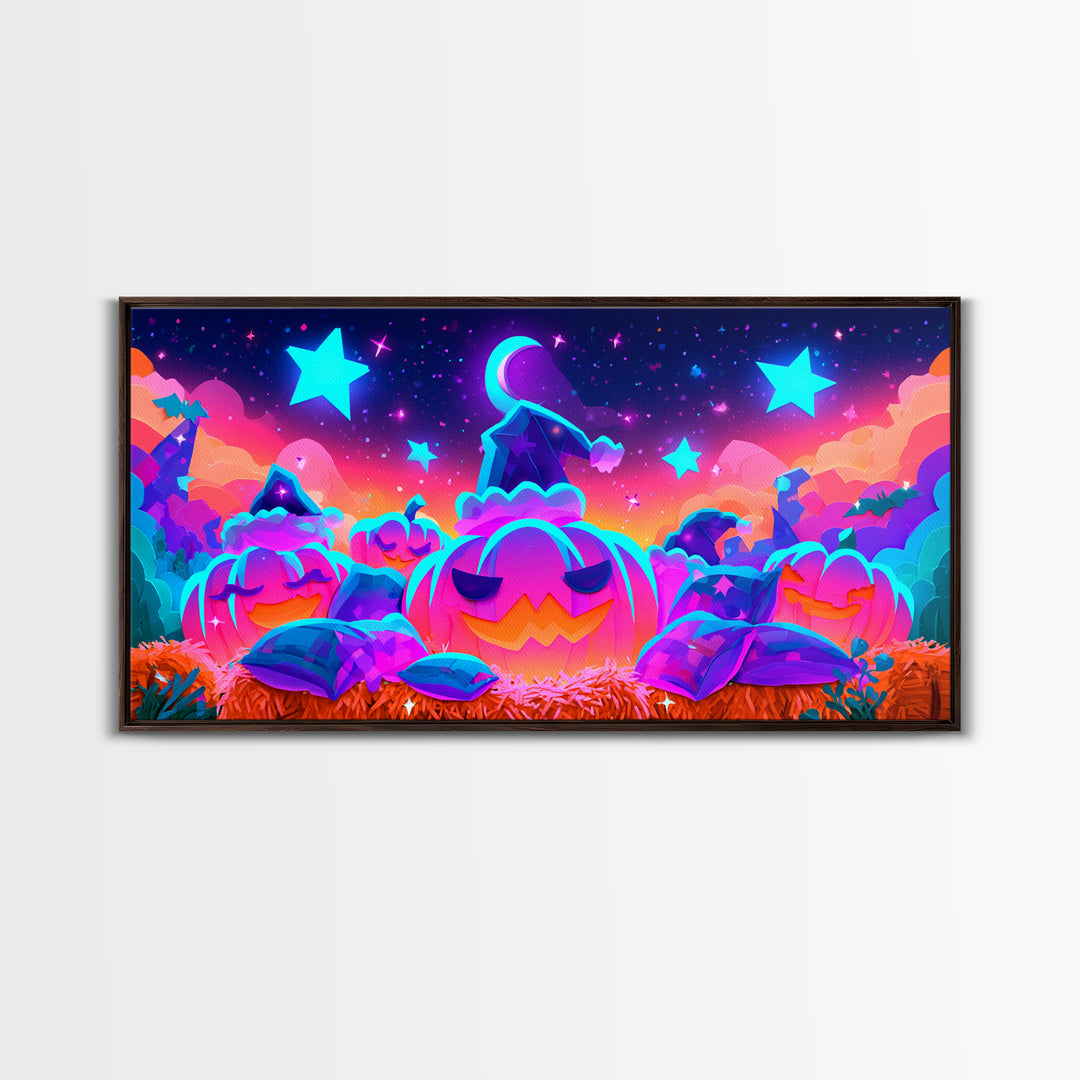 The Pumpkin Pajama Party, Synthwave Halloween Art, Wide Panoramic Art, Framed Canvas Print, Retro Halloween Decor, Neon Wall Art