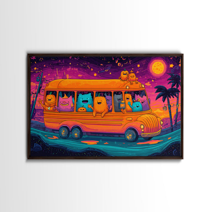 The Pumpkin School Bus, 80s Halloween Wall Art, Landscape Wall Art, Framed Canvas Print, Retro Halloween Decor, Neon Wall Art