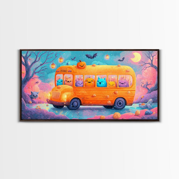 The Pumpkin School Bus, 80s Halloween Wall Art, Wide Panoramic Art, Canvas Print, Retro Halloween Decor, Neon Wall Art, Statement Wall Art