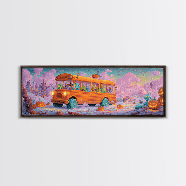 The Pumpkin School Bus, 80s Halloween Wall Art, Extra Wide Wall Art, Framed Canvas Print, Retro Halloween Decor, Neon Wall Art