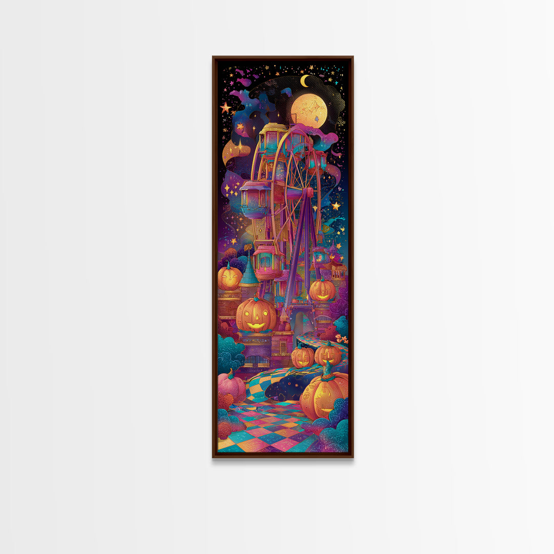 The Pumpkin Ferris Wheel, Retro Neon Halloween Art, Tall Narrow Wall Art, Framed Canvas Print, Retro Halloween Decor, Neon Wall Art