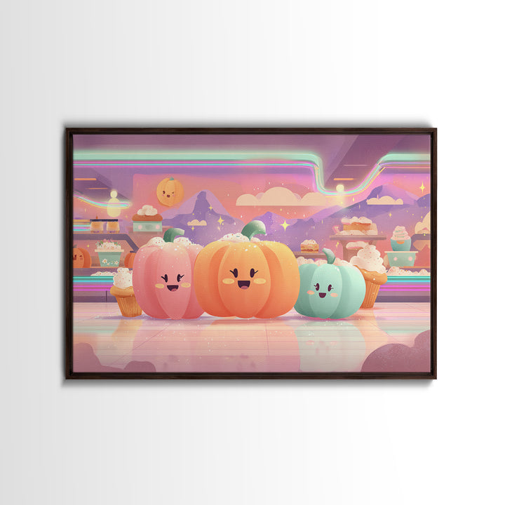 The Pumpkin Bakery, Vaporwave Halloween Decor, Landscape Wall Art, Framed Canvas Print, Retro Halloween Decor, Neon Wall Art