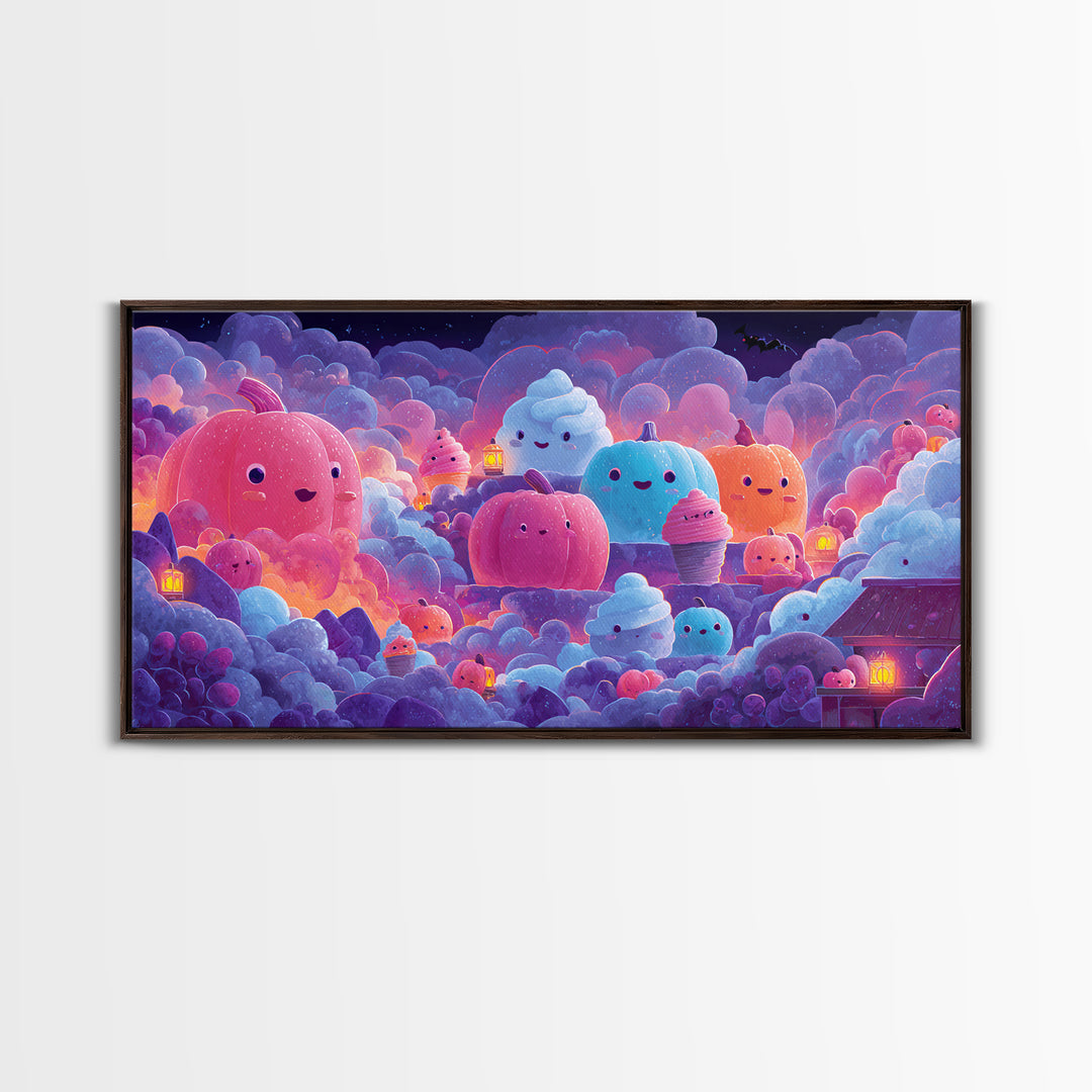 The Pumpkin Bakery, 80s Halloween Wall Art, Wide Panoramic Art, Canvas Print, Retro Halloween Decor, Neon Wall Art, Collectible Wall Decor