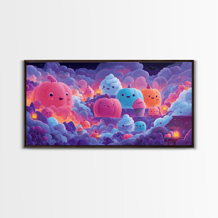 The Pumpkin Bakery, 80s Halloween Wall Art, Wide Panoramic Art, Canvas Print, Retro Halloween Decor, Neon Wall Art, Collectible Wall Decor