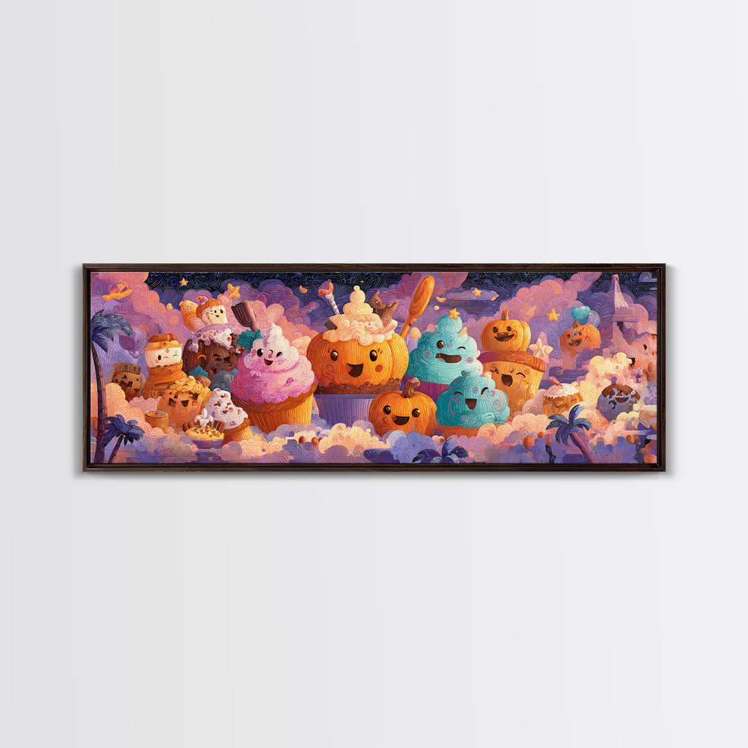 The Pumpkin Bakery, Cute Spooky Neon Art, Extra Wide Wall Art, Framed Canvas Print, Retro Halloween Decor, Neon Wall Art, Macabre Wall Art