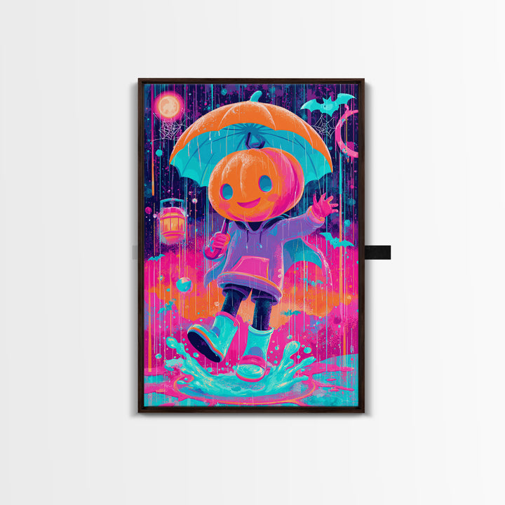 The Pumpkin Umbrella, Cute Spooky Neon Art, Vertical Wall Art, Canvas Print, Retro Halloween Decor, Neon Wall Art, Spooky Wall Decor