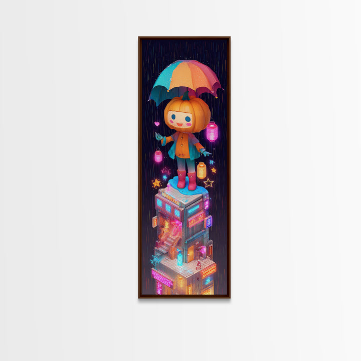 The Pumpkin Umbrella, Vaporwave Halloween Decor, Tall Narrow Wall Art, Framed Canvas Print, Retro Halloween Decor, Neon Wall Art
