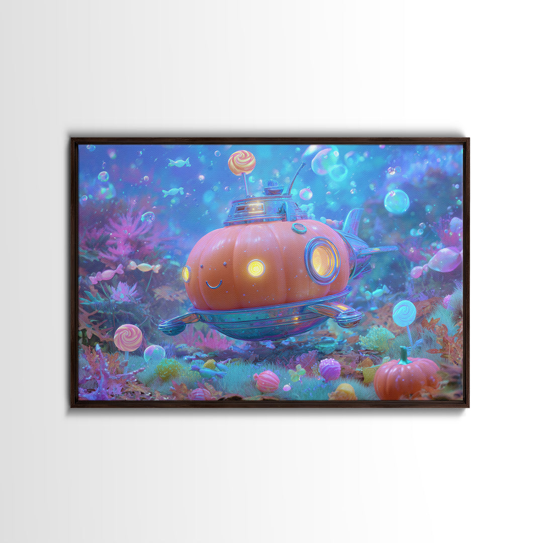 The Pumpkin Submarine, Synthwave Halloween Art, Landscape Wall Art, Canvas Print, Retro Halloween Decor, Neon Wall Art