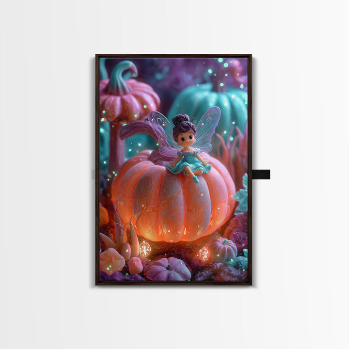 The Pumpkin Fairy Garden, 80s Halloween Wall Art, Vertical Wall Art, Canvas Print, Retro Halloween Decor, Neon Wall Art