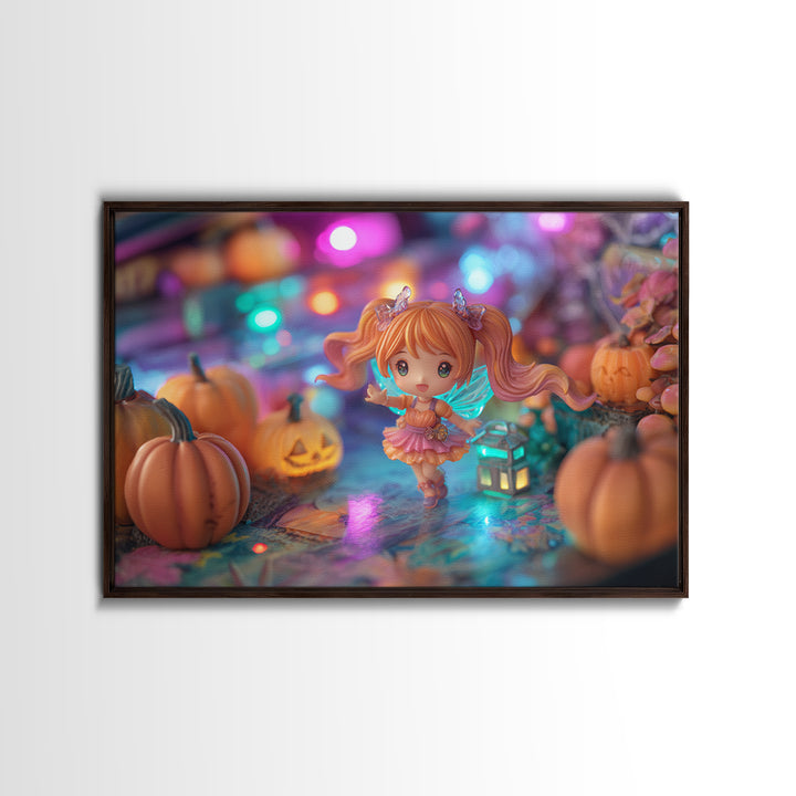 The Pumpkin Fairy Garden, Retro Neon Halloween Art, Landscape Wall Art, Canvas Print, Retro Halloween Decor, Neon Wall Art