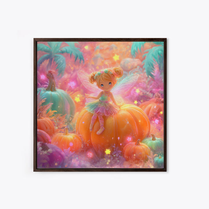 The Pumpkin Fairy Garden, Cute Spooky Neon Art, Square Wall Art, Framed Canvas Print, Retro Halloween Decor, Neon Wall Art