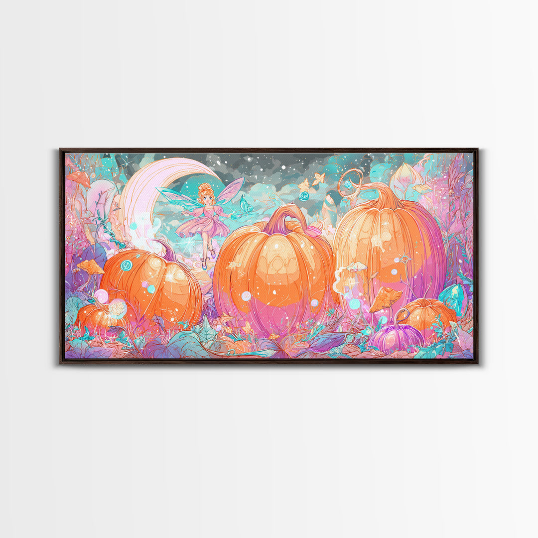 The Pumpkin Fairy Garden, Vaporwave Halloween Decor, Wide Panoramic Art, Canvas Print, Retro Halloween Decor, Neon Wall Art