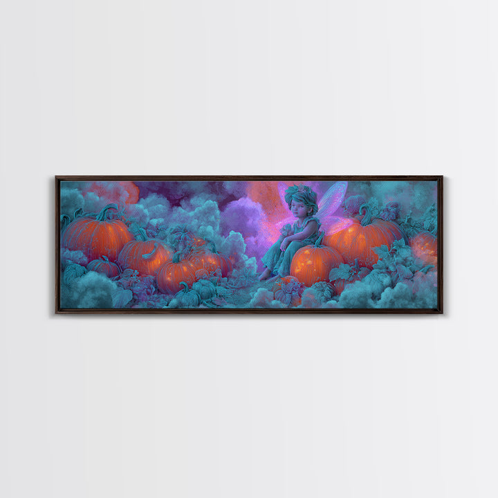 The Pumpkin Fairy Garden, Synthwave Halloween Art, Extra Wide Wall Art, Canvas Print, Retro Halloween Decor, Neon Wall Art, Horror Wall Art