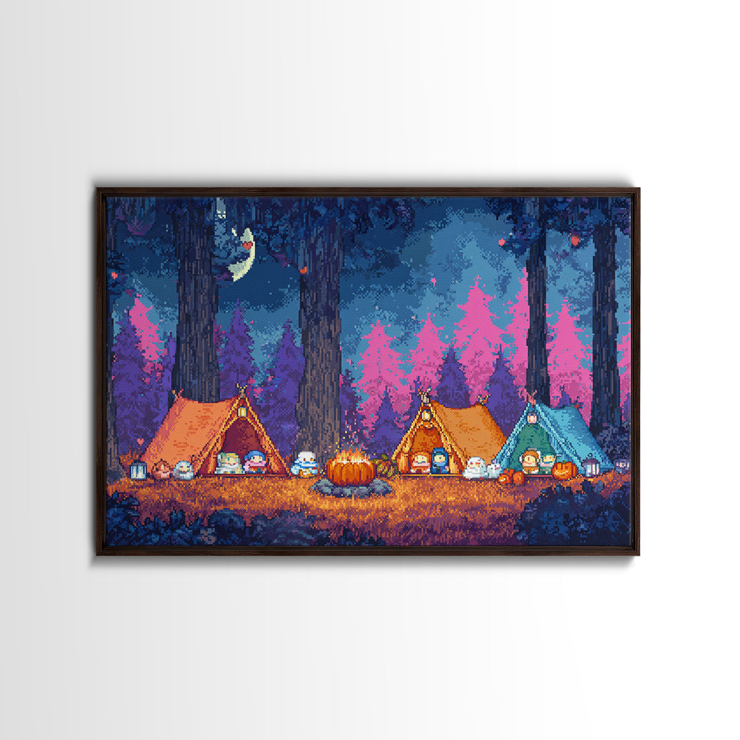 The Pumpkin Campout, Synthwave Halloween Art, Landscape Wall Art, Framed Canvas Print, Retro Halloween Decor, Neon Wall Art