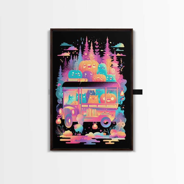 The Pumpkin Bookmobile, Synthwave Halloween Art, Vertical Wall Art, Framed Canvas Print, Retro Halloween Decor, Neon Wall Art