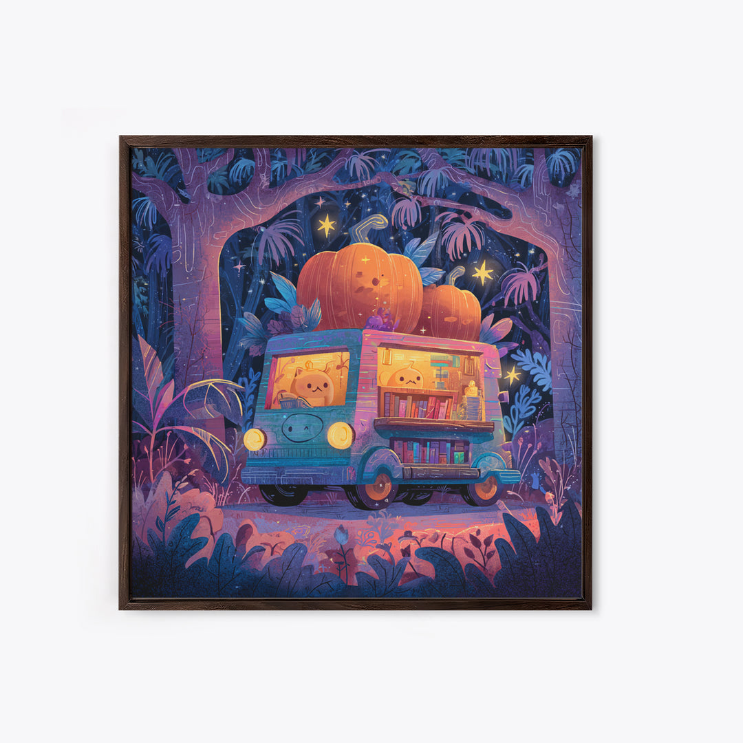 The Pumpkin Bookmobile, Synthwave Halloween Art, Square Wall Art, Framed Canvas Print, Retro Halloween Decor, Neon Wall Art
