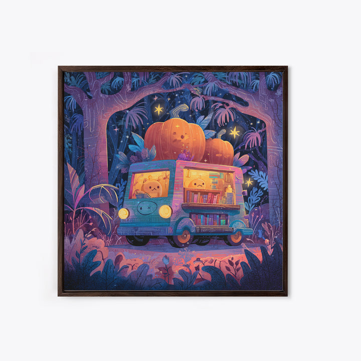 The Pumpkin Bookmobile, Synthwave Halloween Art, Square Wall Art, Framed Canvas Print, Retro Halloween Decor, Neon Wall Art