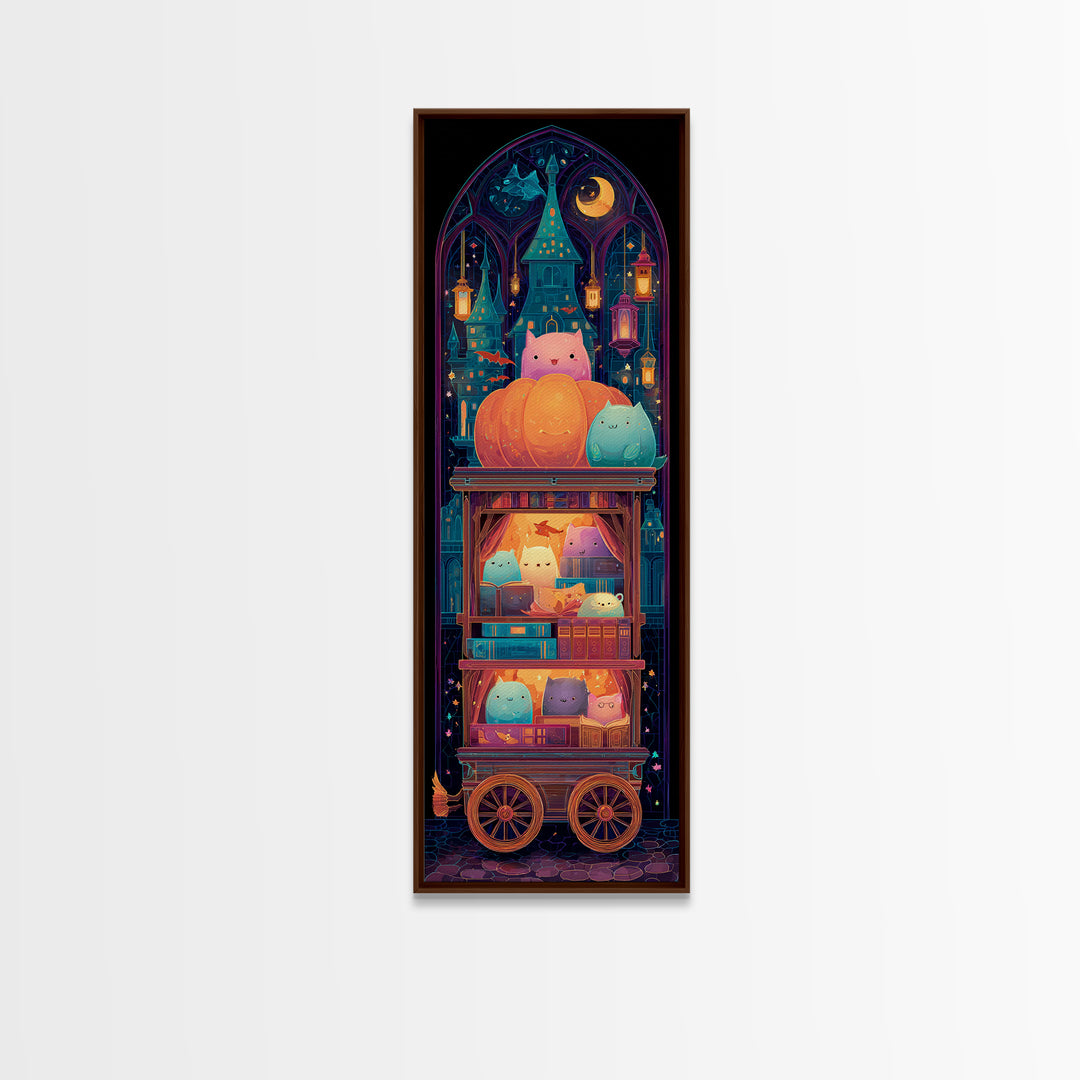 The Pumpkin Bookmobile, Retro Neon Halloween Art, Tall Narrow Wall Art, Canvas Print, Retro Halloween Decor, Neon Wall Art, Dark Fantasy Art