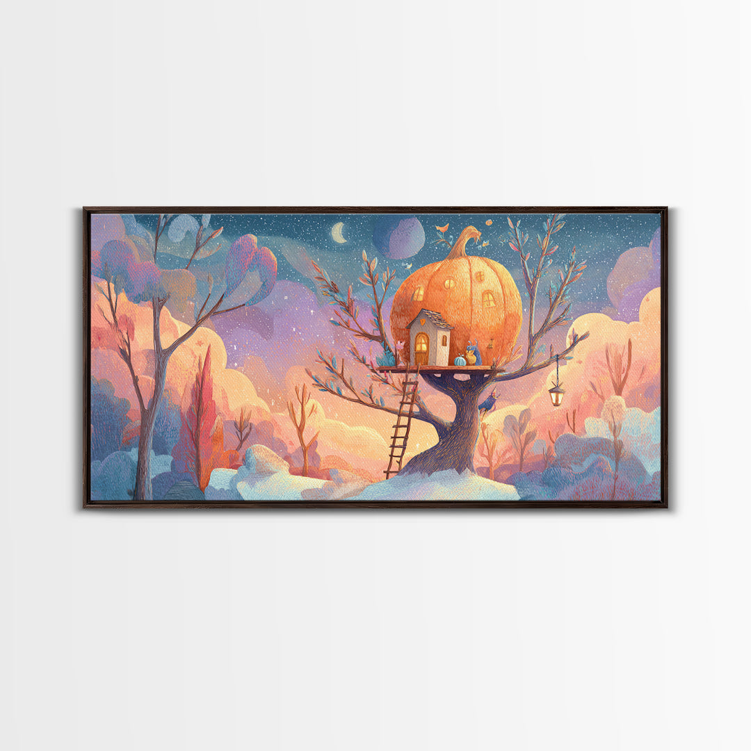 The Pumpkin Treehouse, Cute Spooky Neon Art, Wide Panoramic Art, Framed Canvas Print, Retro Halloween Decor, Neon Wall Art