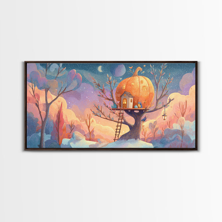 The Pumpkin Treehouse, Cute Spooky Neon Art, Wide Panoramic Art, Framed Canvas Print, Retro Halloween Decor, Neon Wall Art