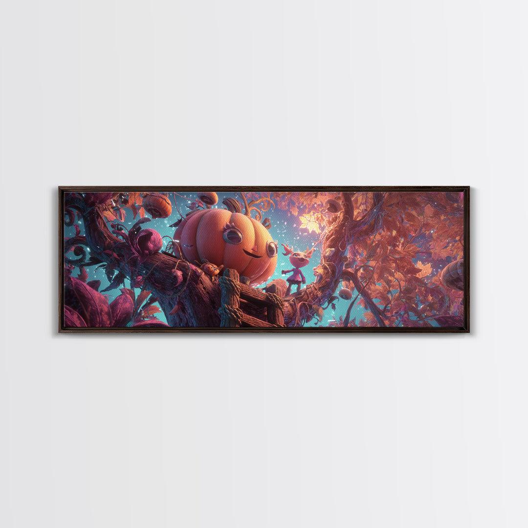 The Pumpkin Treehouse, Vaporwave Halloween Decor, Extra Wide Wall Art, Canvas Print, Retro Halloween Decor, Neon Wall Art