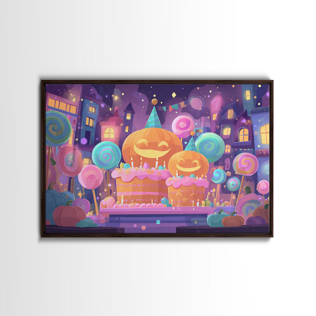 The Great Pumpkin Birthday Party, Cute Spooky Neon Art, Landscape Wall Art, Canvas Print, Retro Halloween Decor, Neon Wall Art