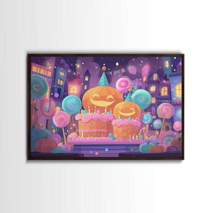 The Great Pumpkin Birthday Party, Cute Spooky Neon Art, Landscape Wall Art, Canvas Print, Retro Halloween Decor, Neon Wall Art