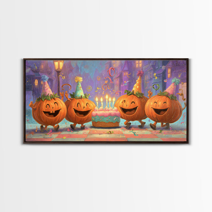 The Great Pumpkin Birthday Party, 80s Halloween Wall Art, Wide Panoramic Art, Framed Canvas Print, Retro Halloween Decor, Neon Wall Art