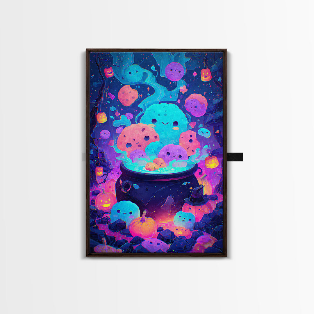 The Cookie Cauldron, Synthwave Halloween Art, Vertical Wall Art, Framed Canvas Print, Retro Halloween Decor, Neon Wall Art, Horror Wall Art