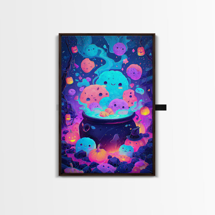 The Cookie Cauldron, Synthwave Halloween Art, Vertical Wall Art, Framed Canvas Print, Retro Halloween Decor, Neon Wall Art, Horror Wall Art