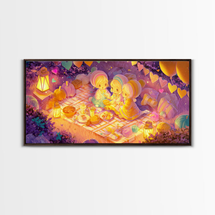 The Candy Corn Picnic, Synthwave Halloween Art, Wide Panoramic Art, Framed Canvas Print, Retro Halloween Decor, Neon Wall Art