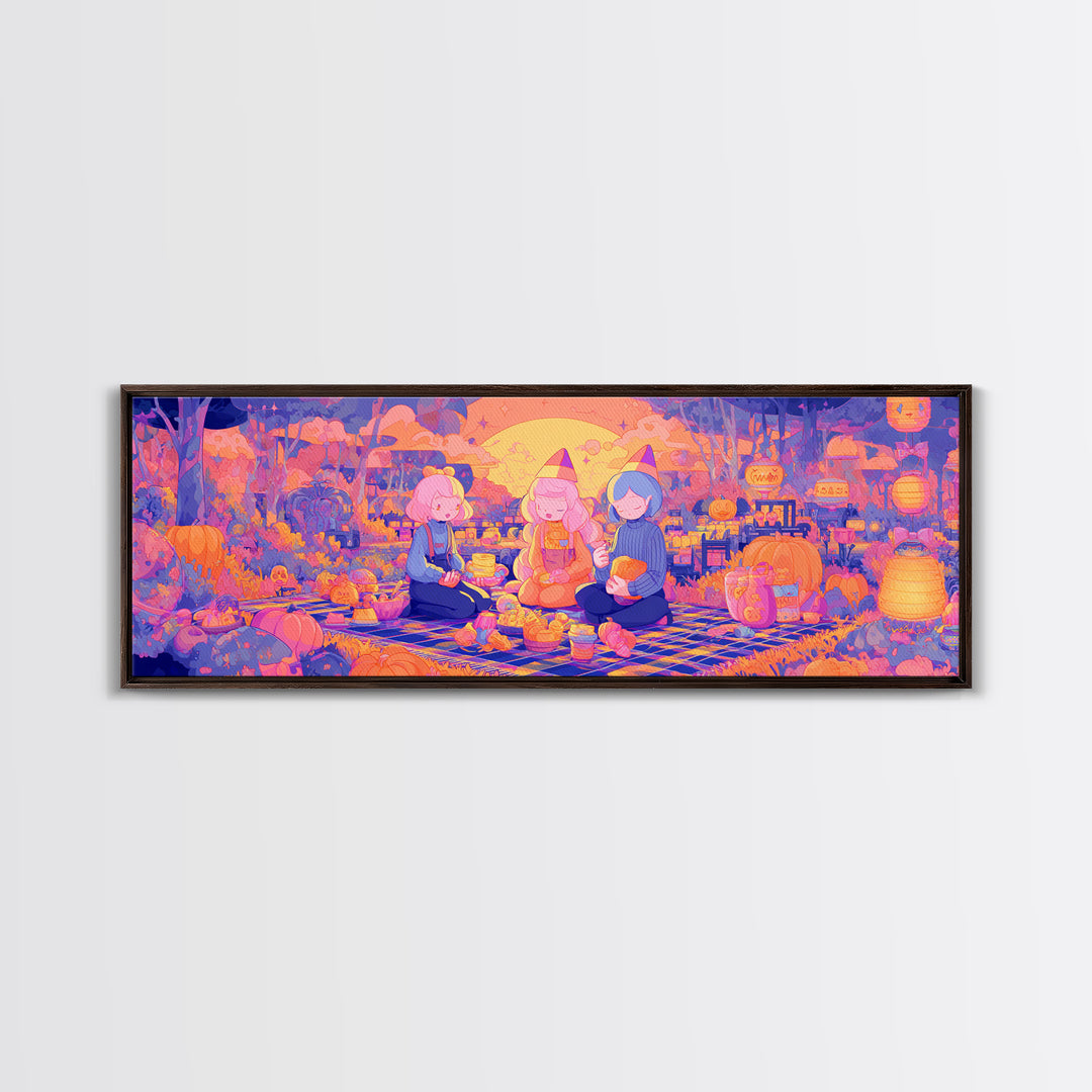 The Candy Corn Picnic, Cute Spooky Neon Art, Extra Wide Wall Art, Canvas Print, Retro Halloween Decor, Neon Wall Art, Gothic Home Decor