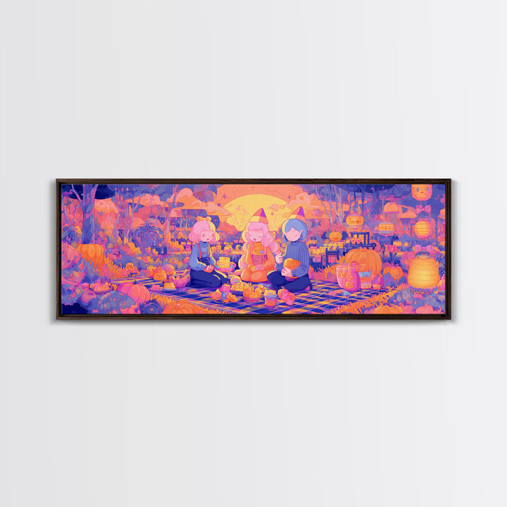 The Candy Corn Picnic, Cute Spooky Neon Art, Extra Wide Wall Art, Canvas Print, Retro Halloween Decor, Neon Wall Art, Gothic Home Decor
