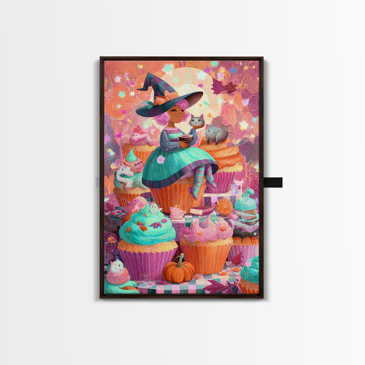 The Cupcake Costume Contest, Cute Spooky Neon Art, Vertical Wall Art, Canvas Print, Retro Halloween Decor, Neon Wall Art, Halloween Wall Art
